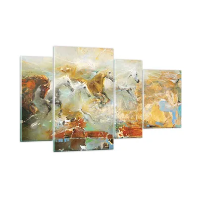 Produktbild von Bilder auf glas - 4 Teile - Pferde Galopp Modern - 120x70cm - Glasbilder - Wandbilder - Bilder - zum Aufhängen bereit - Wanddekoration aus Glas - Glas Bilder - Wandbild auf Glas - GDL120x70-4506