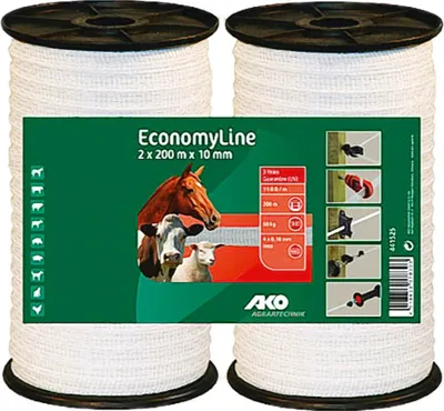 Produktbild von Weideband Doppelpack 10mm, - 2 x 200m, weiß, 4x 0,16 Niro - EconomyLine Weidezaunband Doppelpack -  Standardbreitbänder für kurze Zaunanlagen und Portionsweiden weiß