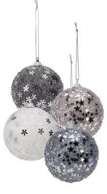 Productafbeelding van 4 kerstballen met glitter, mix van kleuren en patronen, 8 cm, H&L, AI-gegenereerde afbeelding