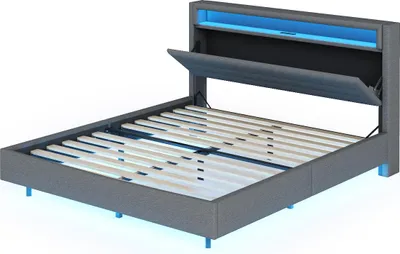 Produktbild von Merax Polsterbett 140x200 mit LED und USB-Steckdose, Jugendbett mit stabiler Rahmen, wendbares Kopfteil mit Stauraum, Doppelflachbett aus Leinen, Grau