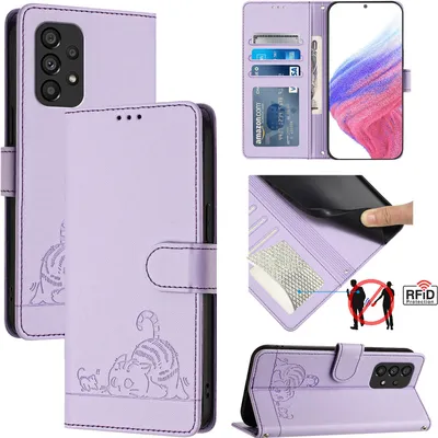 Obrázek produktu pro Kožené pouzdro pro Samsung Galaxy A53 5G, sladká kočka Flip pouzdro s funkcí stojánku a peněženkou Fialová