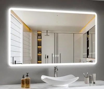Produktbild von Badspiegel-mit-Beleuchtung 150x90cm - Badezimmerspiegel LED Badezimmer Spiegel mit Beleuchtung, Touch-Schalter, Dimmbar, 3 Lichtfarben, Wandspiegel