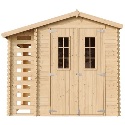 A front view of a wooden garden shed with double doors and windows.