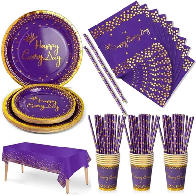 Produktbild von Partygeschirr Set Lilagold 126 Teile für 25 Gäste Kindergeburtstag Mädchen Pappteller Becher Servietten Tischdecke