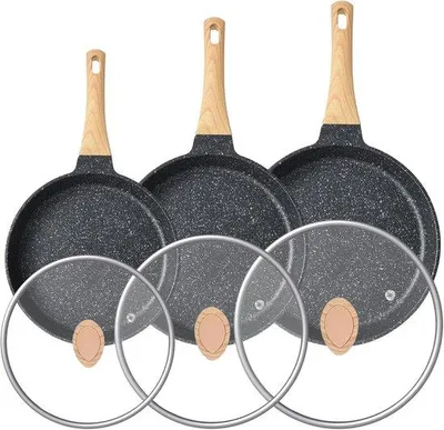 Produktbild von Famanu Pfannen Set mit Deckeln - Induktion, hitzebeständige Griffe, Granit und Marmor - Inkl. kleines Eierpfannenset 20-28 cm
