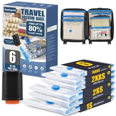 Obrázok produktu pre Cestovné vakuové vaky, 6 kusov, s USB elektrickou pumpou, rozmery: 40x60 cm, 40x50 cm, 40x40 cm, 35x50 cm, zosilnené, vodotesné