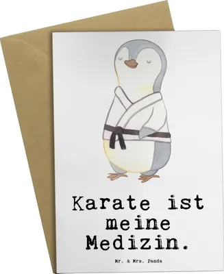 Produktbild von Mr. & Mrs. Panda Beileidskarte Pinguin Karate - Weiß - Geschenk, osterkarte, Verein, Kampfsportart, vatertagskarte, Selbstverteidigung, weihnachtskarten, hochzeitskarten