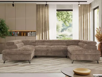 Produktbild von Ecksofa mit Schlaffunktion, Bettkasten, U-form, einstellbare Kopfstützen, Wohnzimmersofa mit Topper T25 - PABLO U - Cord - Braun