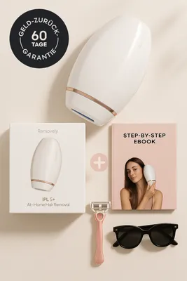 Product is displayed with its packaging, a manual, sunglasses, and a razor.