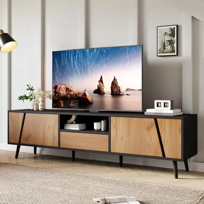 Image de MODFU Meuble TV, Panneau de Particules et Pieds en Bois Massif, 1 Tiroir, 2 Portes, Noir + Couleur Bois, 180x40x46 cm