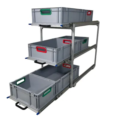 Produktbild von Heckauszug für Euroboxen (900x400 mm) – 3 Ebenen -  (L905xB485xH760-805 mm) |Ausziehbares Regalsystem für Wohnmobil/Van