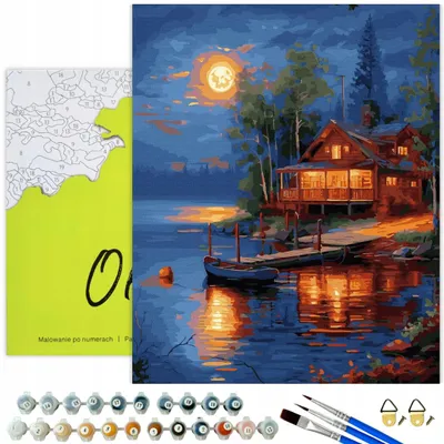Produktbild von Oh Art! Malen Nach Zahlen für Erwachsene Kinder 40x50 cm - Landschaft Haus Am See Mondnacht - DIY Set Mit Rahmen, 29 Acrylfarben und 3 Pinseln