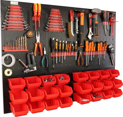 Produktbild von botle® Werkzeugwand Lochwand aus Metall, Stapelboxen + Wandregal + Werkzeughalter 51-tlg Set, Kleinteilelager,  Wandwerkstatt mit 24 stapelbaren Rot Klein und Groß Behältern, Hängeregal Sortierregal
