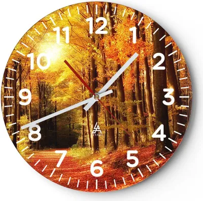 Produktbild von Wanduhr - Rund - Glasuhr - Pfad Blätter Wald - 30x30cm - Schleichendes Uhrwerk - Lautlos - zum Aufhängen bereit - Dekoration Modern - Wanddekoration aus Glas - C4AR30x30-0171