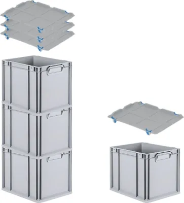 Produktbild von SuperSparSet 4x Eurobox NextGen Economy mit Auflagedeckel und 4x Schiebeschnappverschlüsse Blau | Griffe geschlossen | HxBxT 32x30x40cm | 30 Liter | Eurobehälter, Transportbox, Transportbehälter, Stapelbehälter