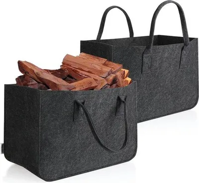 Produktbild von Unyqoos® Filz-Tragetasche XXL, 2er Set – robuste 100% Filztaschen (3 mm), Anthrazit, 44×30×26 cm für Einkauf, Kaminholz & Picknick