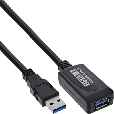 Produktbild von InLine USB 3.2 Gen.1 Aktiv-Verlängerung, Stecker A an Buchse A, schwarz, 5m, 5 m, USB A, USB A, USB 3.2 Gen 1 (3.1 Gen 1), Stecker/Buchse, Schwarz