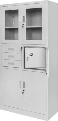 Zdjęcie produktu dla Szafa biurowa metalowa na akta i dokumenty Mega-M WENUS W-13 przeszklona z sejfem szara 90x40x185 cm skręcana