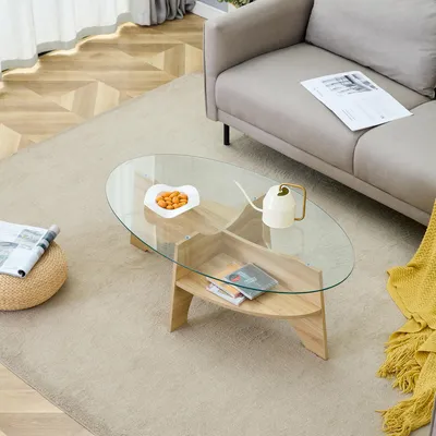 Produktbild von MODFU Couchtisch Oval Sicherheitsglas mit Ablagefach Modernes Gestell In Holzoptik Für Wohnzimmer Holz