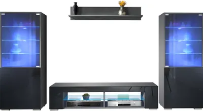 Produktbild von Vladon Wohnwand Nevada V2, Anbauwand bestehend aus 2 Vitrinen, 1 TV-Board und 1 Wandregal Anthrazit matt/Schwarz Hochglanz inkl. LED Beleuchtung (304,5 x 141 x 39 cm)