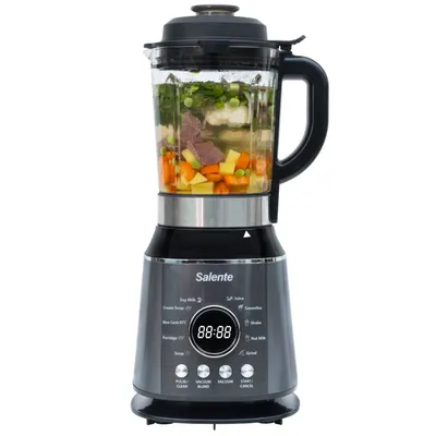 A soup maker blender filled with ingredients is shown against a white background.