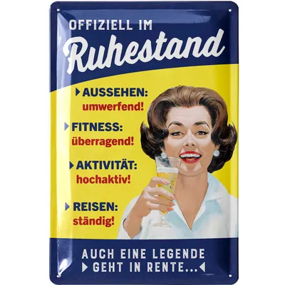 Produktbild von LANOLU Retro Blechschild RUHESTAND, Rentnerinnen Deko zur Pensionierung und Rentenbeginn, lustige Geschenkidee zur Rente und Pension 20x30cm