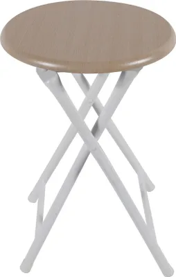 A foldable stool with a wooden seat and white metal legs against a white background.