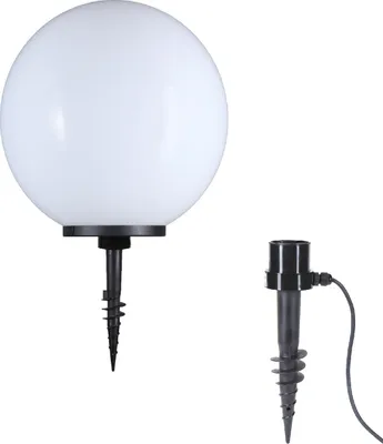 A white globe light with a black stake and a separate black stake with a cable.