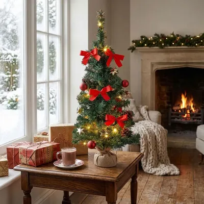 Produktbild von Weihnachtsbaum künstlich 75 cm geschmückt, Tannenbaum mit LED-Lichterkette, roten Schleifen & Kugeln, Jute-Ständer, Timer, Batteriebetrieb, grün