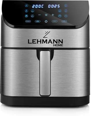 Frontal view of a silver and black air fryer with a digital display on top.
