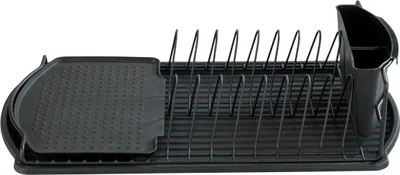 Obrázek produktu pro WENKO odkapávací stojan BASIC Black Matný odkapávací tácek Koš na příbory Držák talířů