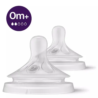 Two clear silicone baby bottle nipples are shown on a white background.