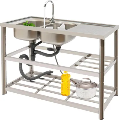 Immagine prodotto di Lavello in acciaio inossidabile - Lavello doppio da appoggio - 120x45x80 cm - Rettangolare - Rubinetto a 360° - Per cucine professionali/ristoranti - Argento