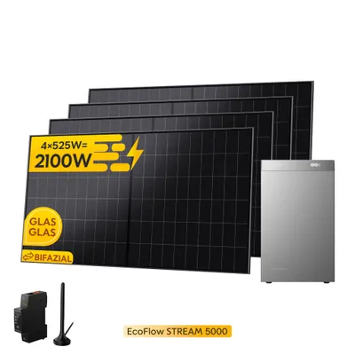 Produktbild von EcoFlow STREAM 5000 5 kWh Speicher für Balkonkraftwerk mit 4x 525W Solarmodule und Smart Meter , 5000 W Solar, 3000 W AC (0% MwSt)