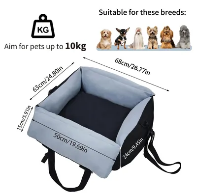 Image de Siège auto pour chien - Siège élévateur pour voiture et lit de voyage pour petits chiens jusqu'à 10 kg - Lavable, 100 % coton - Ceinture de sécurité - Respirant - Noir