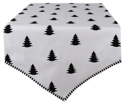 Produktbild von Clayre & Eef Tischläufer Weihnachten 50x160 cm Weiß Schwarz Baumwolle Weihnachtsbäume