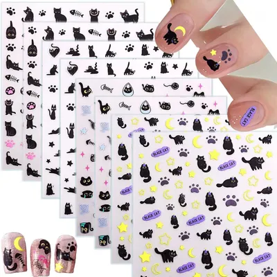 Produktbild von Sonstige Partydekoration Schwarze Katzen-Halloween-Aufkleber, 8 Blatt, Halloween-Katzen-Nagelaufkleber, Cartoon-Tier-selbstklebende Nagelaufkleber, ni