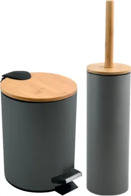 Produktbild von Spirella Badset Adonis, 2-teilig (Kosmetikeimer 5L & WC-Bürste), Edelstahl, Bambus, Silikon, Anthrazit. Mit Absenkautomatik, Fußpedal, Kunststoffeinsatz mit Tragegriff, Anti-Fingerabdruck Beschichtung, Bodenschutz. Maße: Kosmetikeimer 25.5x20.5x20.5cm, WC-Bürste 39x9x9cm.