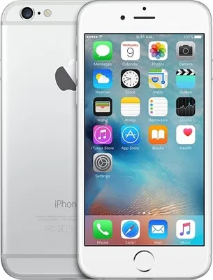 A silver iPhone 6s is shown from the front and back, displaying its screen with various app icons.