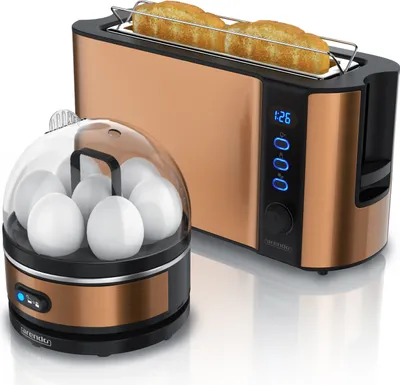 Produktbild von Arendo - SET Toaster FRUKOST mit Eierkocher SEVENCOOK Edelstahl Kupfer, Toaster 2 Scheiben, LED-Display, 6 Bräunungsgrade, Brötchenhalter - Eierkocher 1-7 Eier, Messbecher