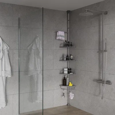Immagine prodotto di Uniqoos®: Scaffale angolare telescopico regolabile per il bagno – 4 ripiani, ganci e barra asciugamani girevole, altezza regolabile da 120 a 300 cm, acciaio inossidabile