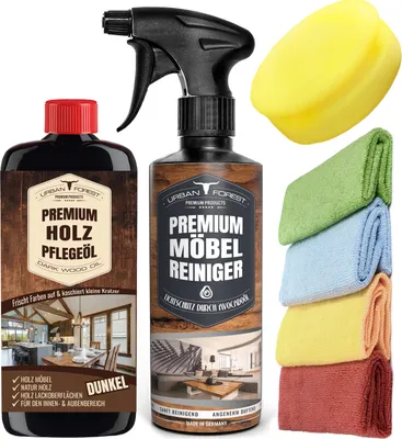 Produktbild von SPARSET Premium Möbelreiniger + Möbelpolitur Holz Öl dunkel + Schwamm+ 4x Mikrofasertücher zur Reinigung & Pflege von Holz Möbel & Leder