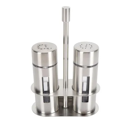 Image de Ensemble de 2 salières et poivrières en acier inoxydable 304, avec un pot à sucre et à épices ainsi qu'un support, pour la cuisine et la restauration