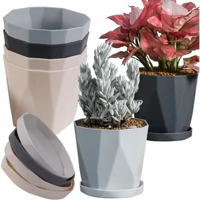 Productafbeelding van Bloempotten met irrigatiesysteem, 6 stuks, 13 cm, kunststof, met onderzetter, geschikt voor bloemen, kruiden en vetplanten, voor balkon