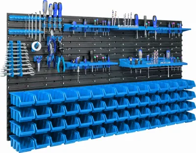 Zdjęcie produktu dla System przechowywania narzędzi na ścianie 156 x 78 cm z 60 pojemnikami Niebieski uchwyt na narzędzia