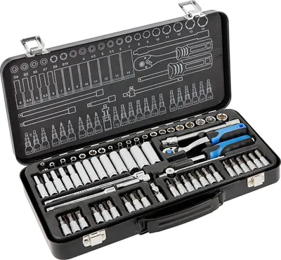 Produktbild von Högert Technik - Werkzeugset, Steckschlüssel, Bits und Ausstattung 1/4”, Chrom-Vanadium-Legierungsstahl, Gesenkgeschmiedet, Ratschenmechanik mit 72 Sperrklinken, HT1R486 - 63-tlg
