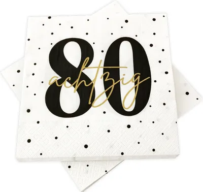 Produktbild von 20 Servietten zum 80. Geburtstag 33 x 33 cm - weiß schwarz gold