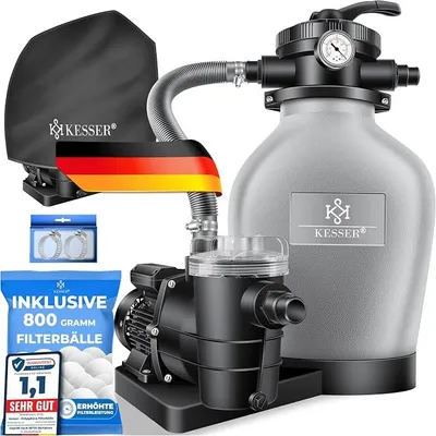 Produktbild von Sandfilteranlage + 700g Filterbälle ersetzen 25kg Sand Filter 7-Wege-Ventil mit Druckanzeige Poolfilter 10m?/h Filterkesselanlage für Pool 10.200 L/h, Inkl. Wettercover, Grau