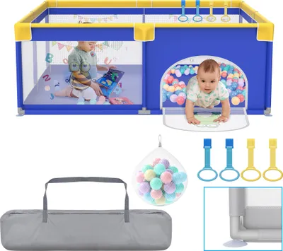 Obrázok produktu pre Detská ohrádka LZQ 180x150 cm, detská ohrádka s priedušnou sieťovinou a dverami na zips, detské bezpečnostné ihrisko, protišmyková detská ohrádka, modrá s motívmi zvieratiek