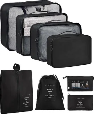 Produktbild von Famanu Kofferorganisator 8-in-1 - Schwarze Reiseorganizer mit 8 Taschen